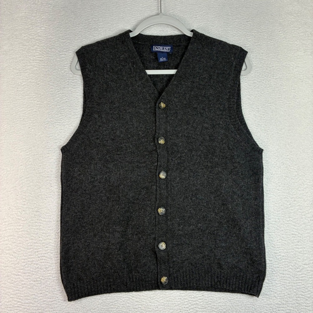 Vintage Lands End Lambswool Cardigan Men L Gray Sweater Vest Preppy Business 90s